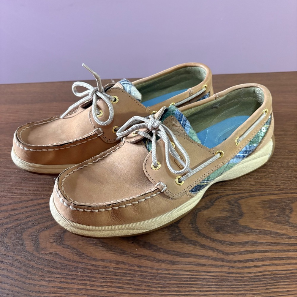 Sperry Boat Shoes Women Size 8 M Tan Plaid Sequin Leather Loafers